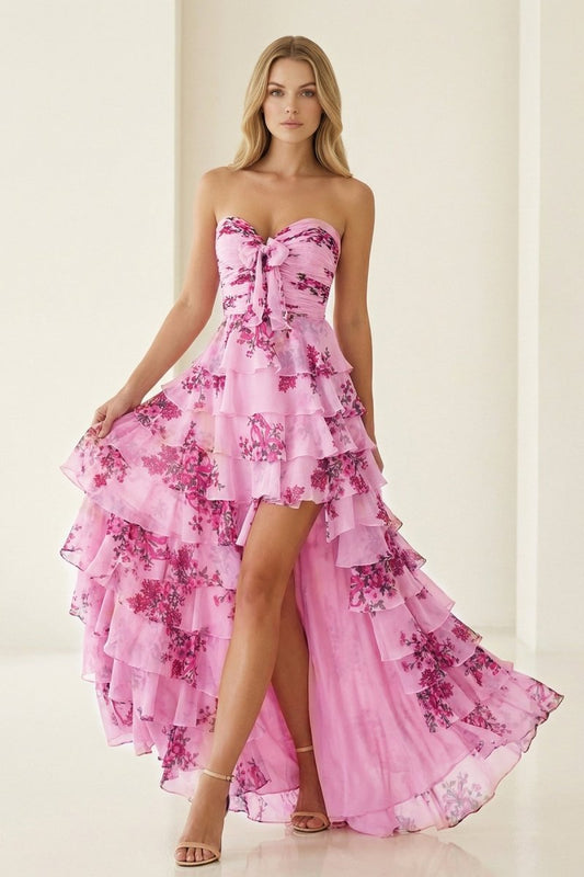 Hot Pink - A Line Strapless Floral Chiffon Ruffled Long Prom Dresses With Slit