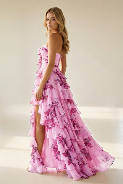 Hot Pink - A Line Strapless Floral Chiffon Ruffled Long Prom Dresses With Slit