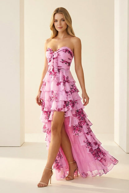 Hot Pink - A Line Strapless Floral Chiffon Ruffled Long Prom Dresses With Slit