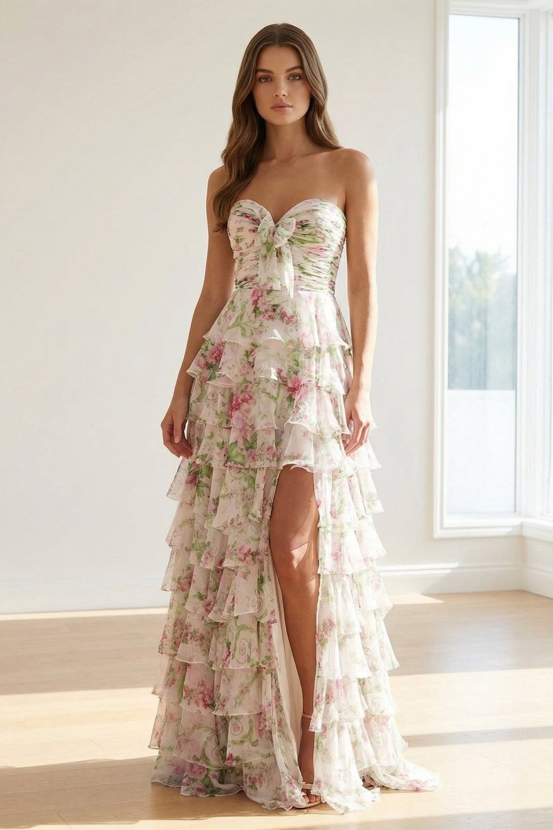 Hot Pink - A Line Strapless Floral Chiffon Ruffled Long Prom Dresses With Slit