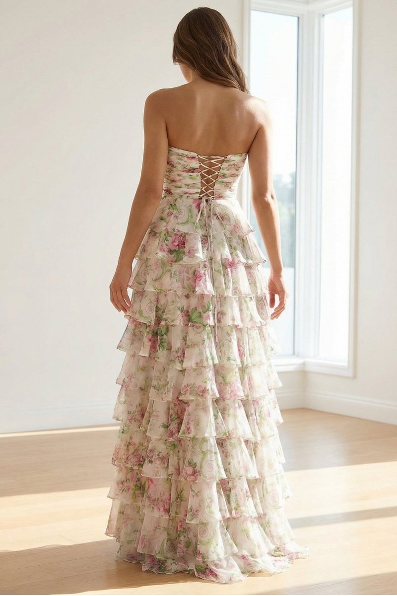 Hot Pink - A Line Strapless Floral Chiffon Ruffled Long Prom Dresses With Slit