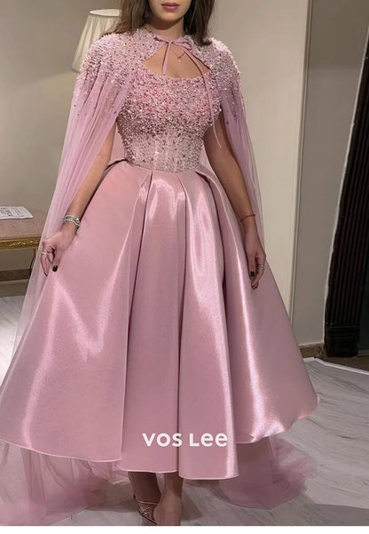 Bead Pearls Cryatls Ball Gown Keen- Length Prom Dress With Cape