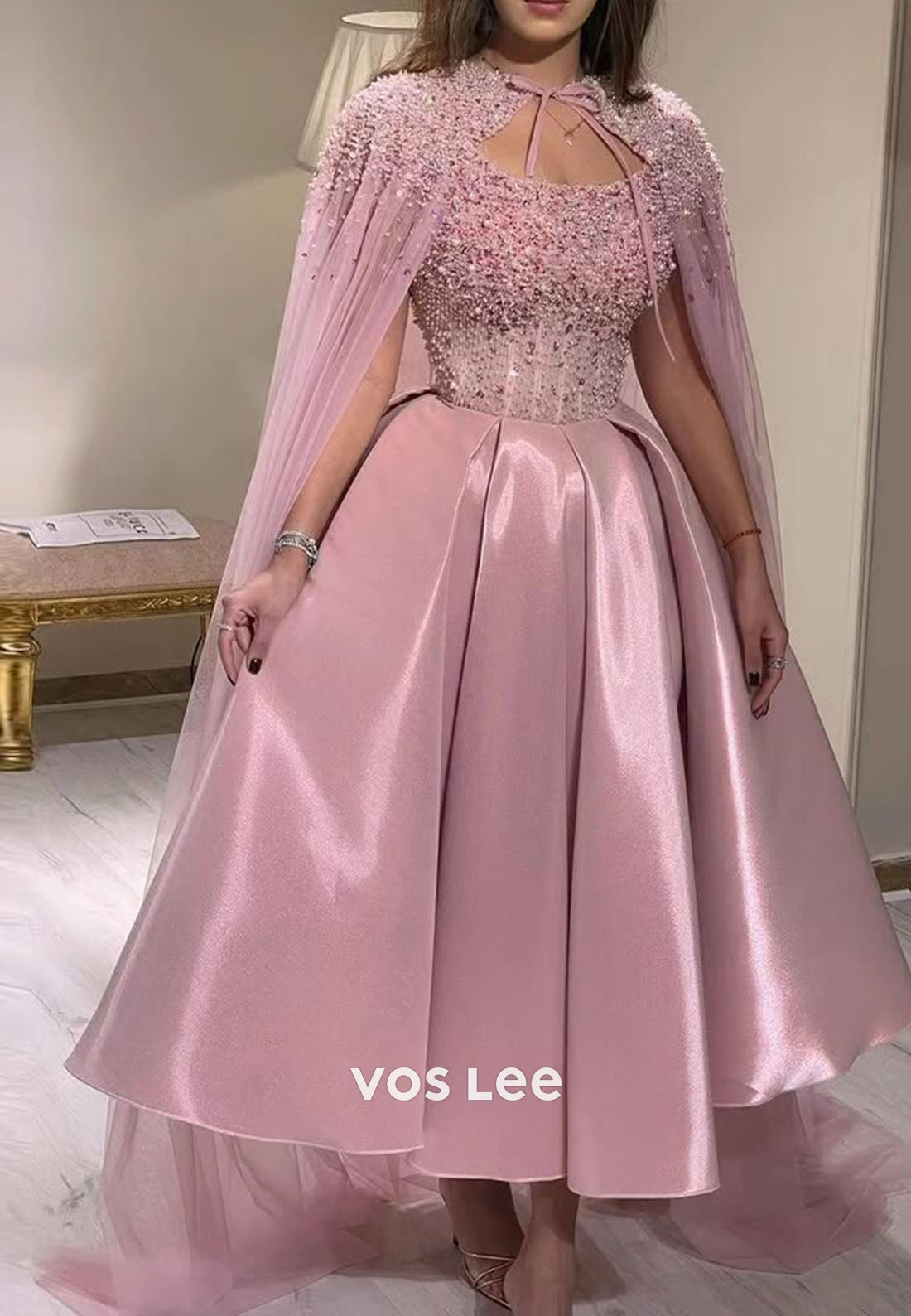 Bead Pearls Cryatls Ball Gown Keen- Length Prom Dress With Cape