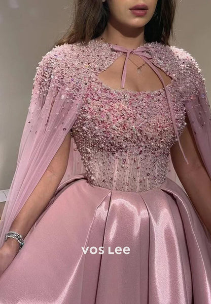 Bead Pearls Cryatls Ball Gown Keen- Length Prom Dress With Cape