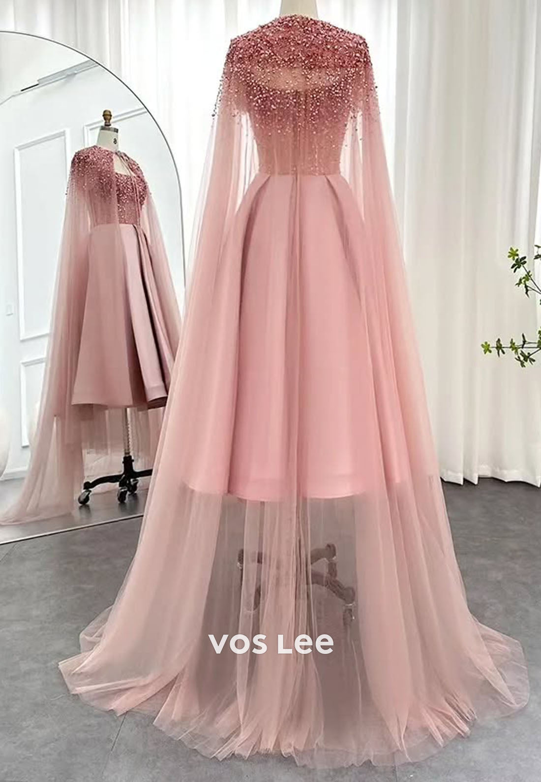 Bead Pearls Cryatls Ball Gown Keen- Length Prom Dress With Cape