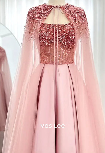 Bead Pearls Cryatls Ball Gown Keen- Length Prom Dress With Cape