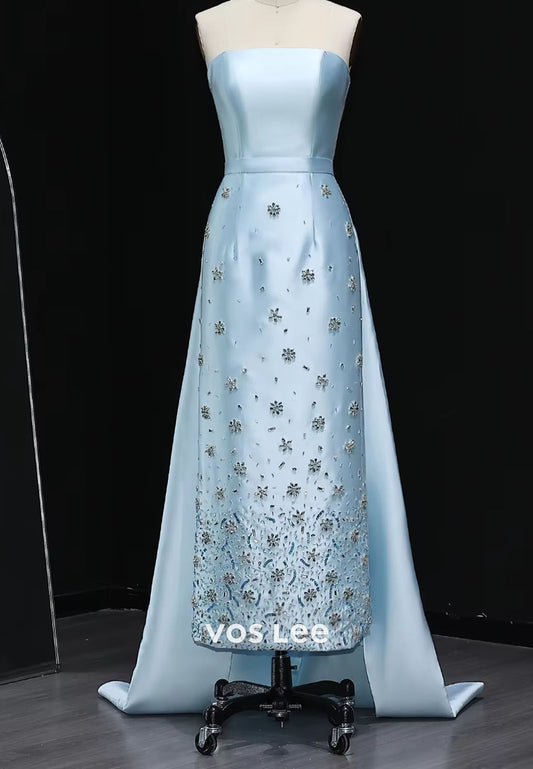 Luxury Strapless Rhinestone Column Prom Gown Evening Dress