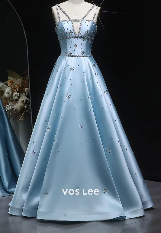 Luxury Thin Straps Cut out Rhinestone Sequins Pearls Gown Evening Dress