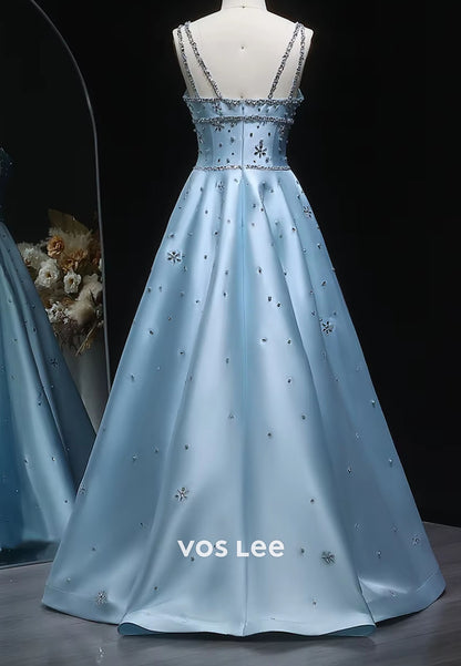Luxury Thin Straps Cut out Rhinestone Sequins Pearls Gown Evening Dress
