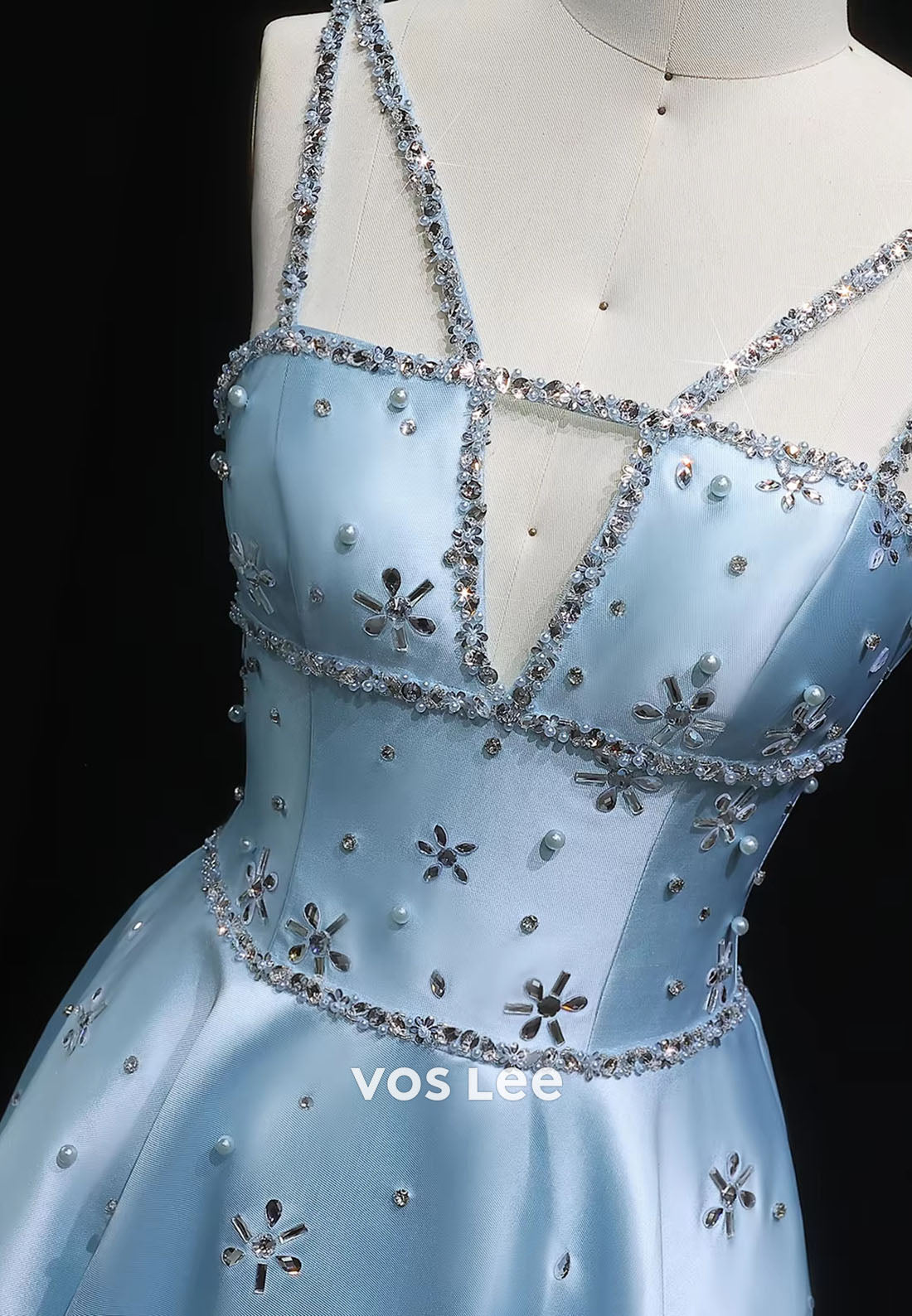Luxury Thin Straps Cut out Rhinestone Sequins Pearls Gown Evening Dress