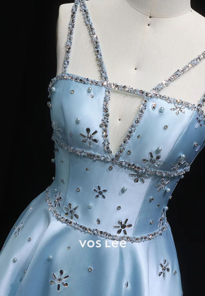 Luxury Thin Straps Cut out Rhinestone Sequins Pearls Gown Evening Dress