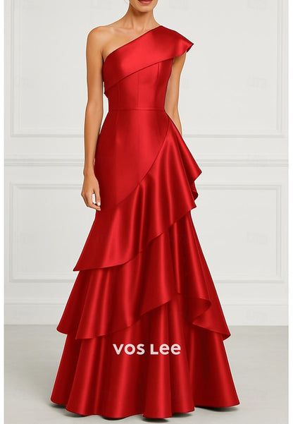 Elegant & Luxurious A-Line Floor-Length One Shoulder Tiered Evening Dresses