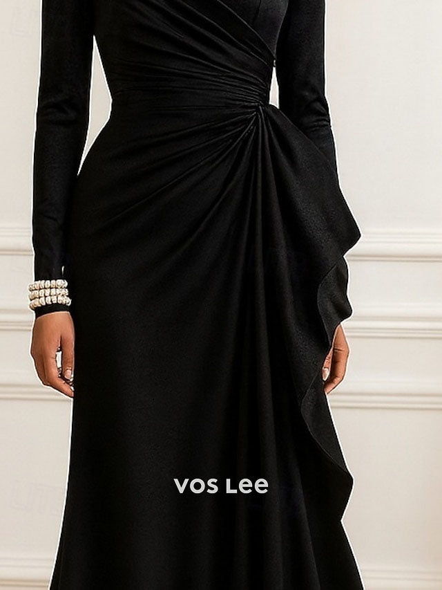 Emerald Green High Neck Satin Evening Gown | Long Sleeve Ruched Mermaid Formal Dress