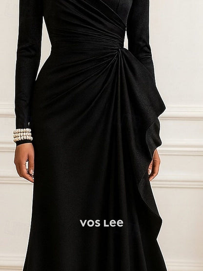 Emerald Green High Neck Satin Evening Gown | Long Sleeve Ruched Mermaid Formal Dress