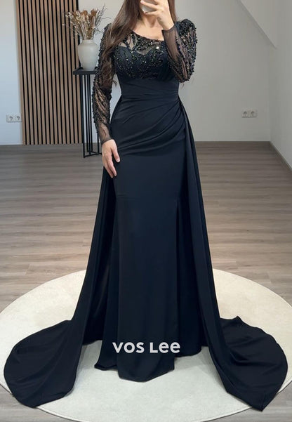 Long Sleeves Beaded Lace Mermaid Formal Dresses with With Sweep Train