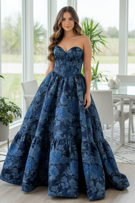 Gorgeous Ball Gown Sweetheart Navy Jacquard Satin Long Prom Dress
