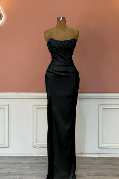 Satin Strapless Sleeveless Long Pleated Mermaid Prom Dress With Rhinstone And High Split