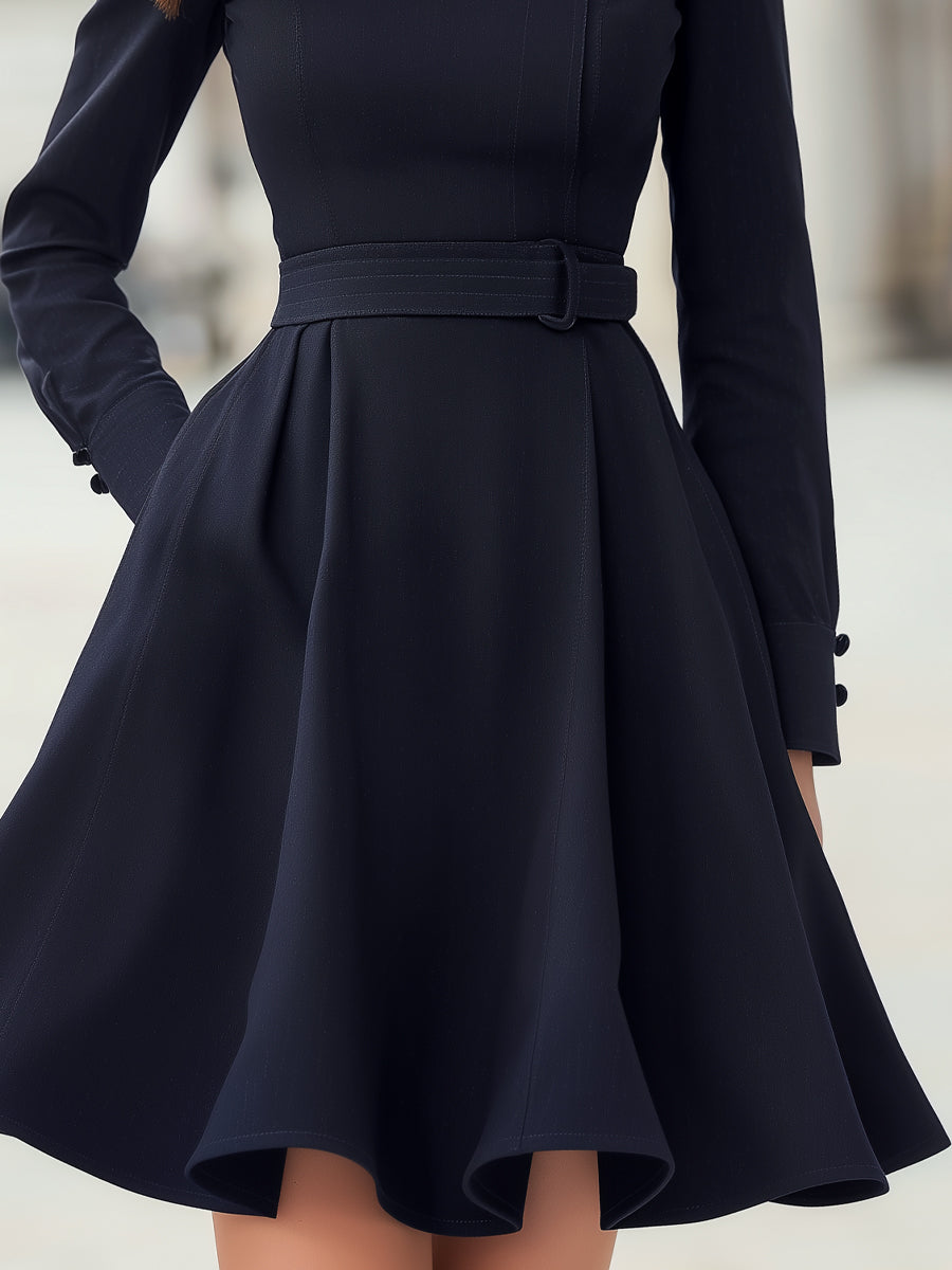 High-Neck Belted A-Line Long-Sleeve Dress