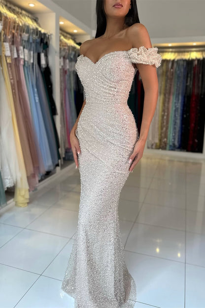 Off-the-Shoulder Sweetheart Evening Gowns Sequins Long With Detachable Overskirt