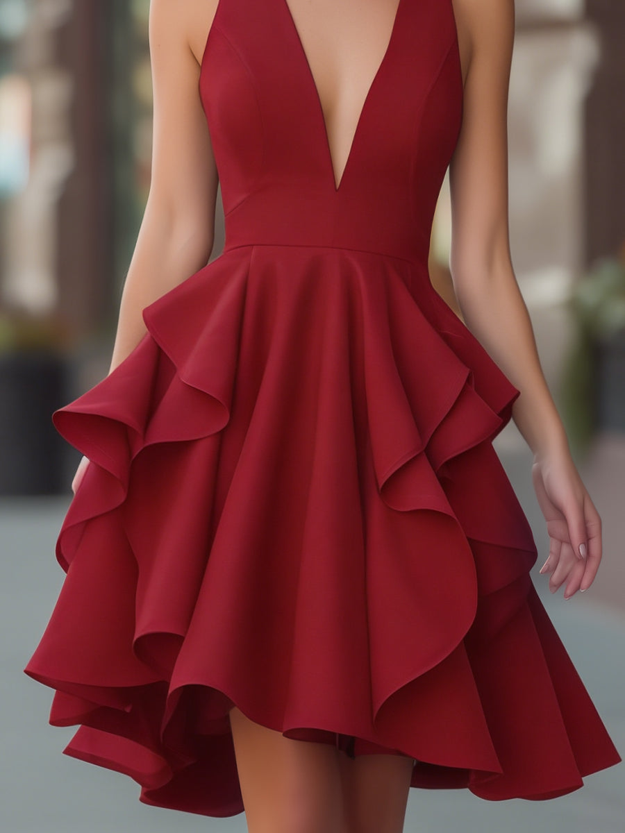 Sleeveless Ruffled V-Neck A-Line Dress