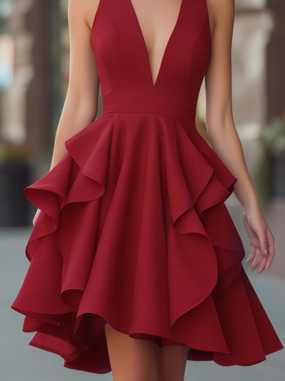 Sleeveless Ruffled V-Neck A-Line Dress