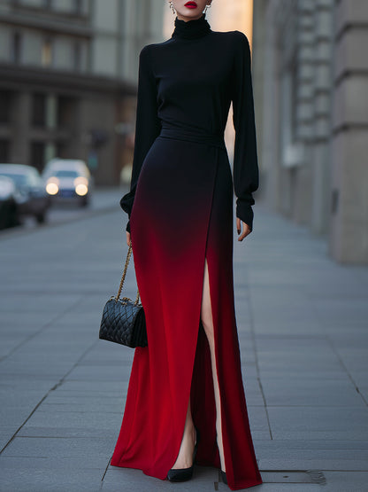 Elegant Ombre High-Slit Maxi Dress With Turtleneck Bodice