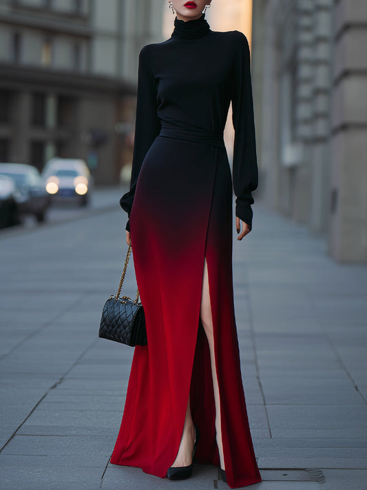 Elegant Ombre High-Slit Maxi Dress With Turtleneck Bodice