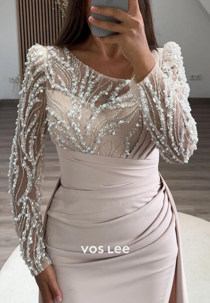 Long Sleeves Beaded Lace Mermaid Formal Dresses with With Sweep Train
