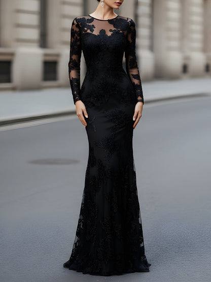 Black Floral Embroidered Illusion Evening Gown