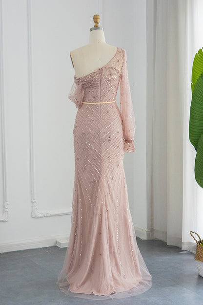 Pink Mermaid One Shoulder Evening Dress Side Split With Appliques Sequins