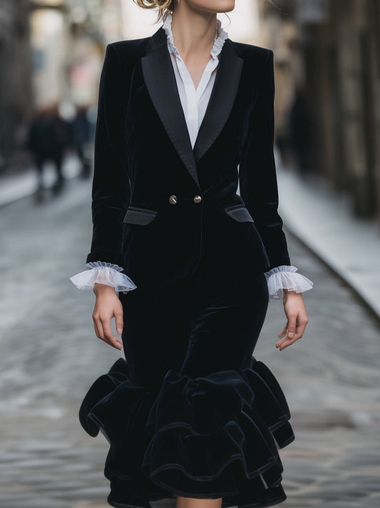 VOS LEE Ruffled Velvet Tailored Midi Dress