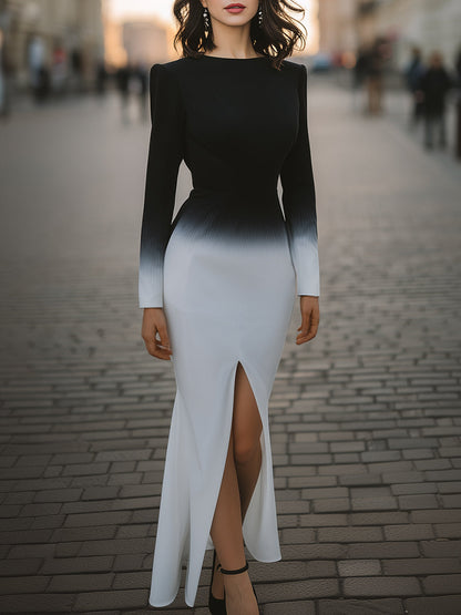 Stylish Ombre Long-Sleeve Slit Gown