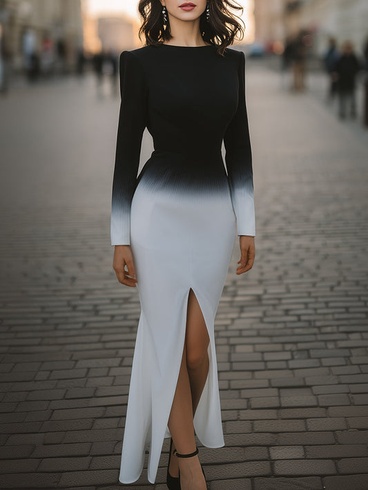 Stylish Ombre Long-Sleeve Slit Gown