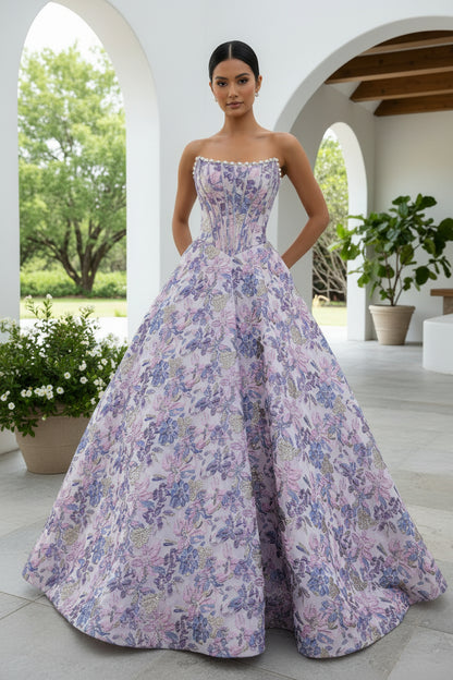 Gorgeous Ball Gown Scoop Neck Jacquard Satin Prom Dress with Pearls