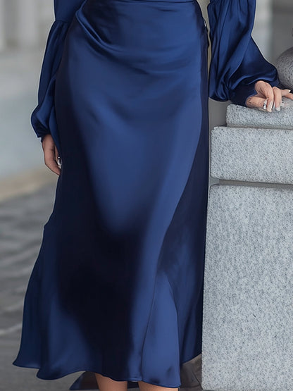 Navy Satin Turtleneck Midi Dress