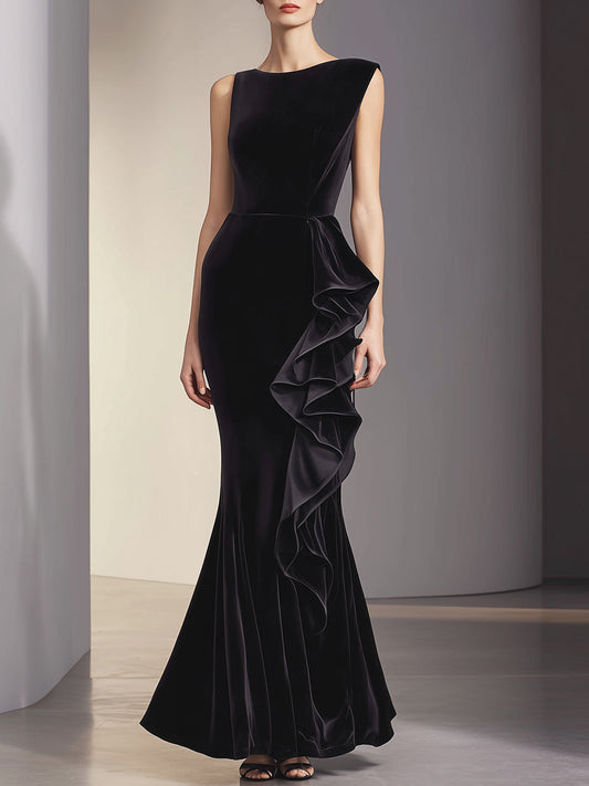 Asymmetric Cascading Ruffle Velvet Gown