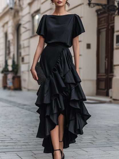 Short Sleeve Asymmetric Ruffle Midi Dress