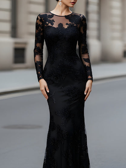 Black Floral Embroidered Illusion Evening Gown