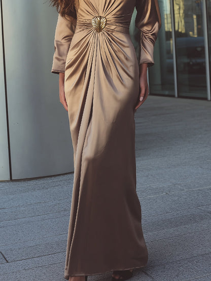 Champagne Gold Satin Maxi Dress With Brooch Detail