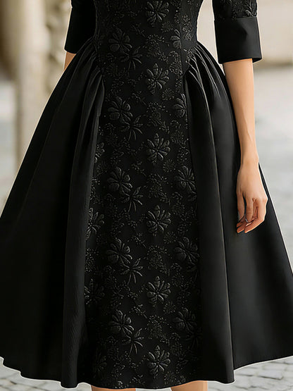 Elegant Jacquard Short-Sleeve A-Line Midi Dress