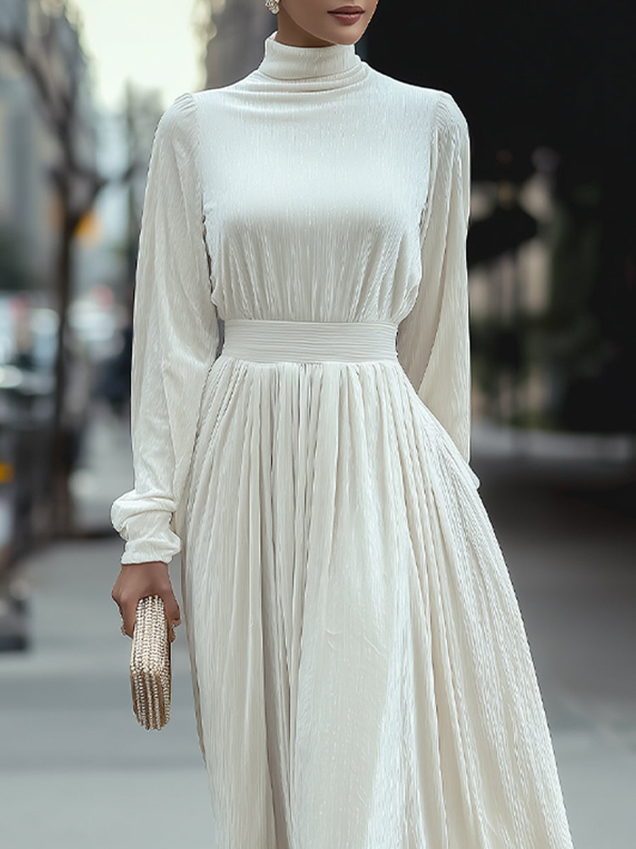 White High-Neck Pleated Maxi Dress