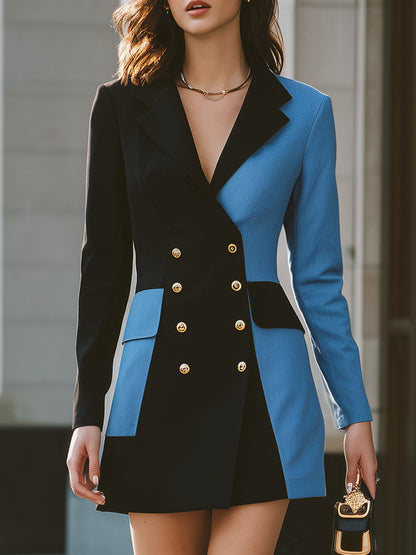 Modern Contrast Color Blazer Mini Dress With Gold Buttons