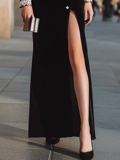 Gothic Glamour Velvet Gown With Lace Bodice And High Slit