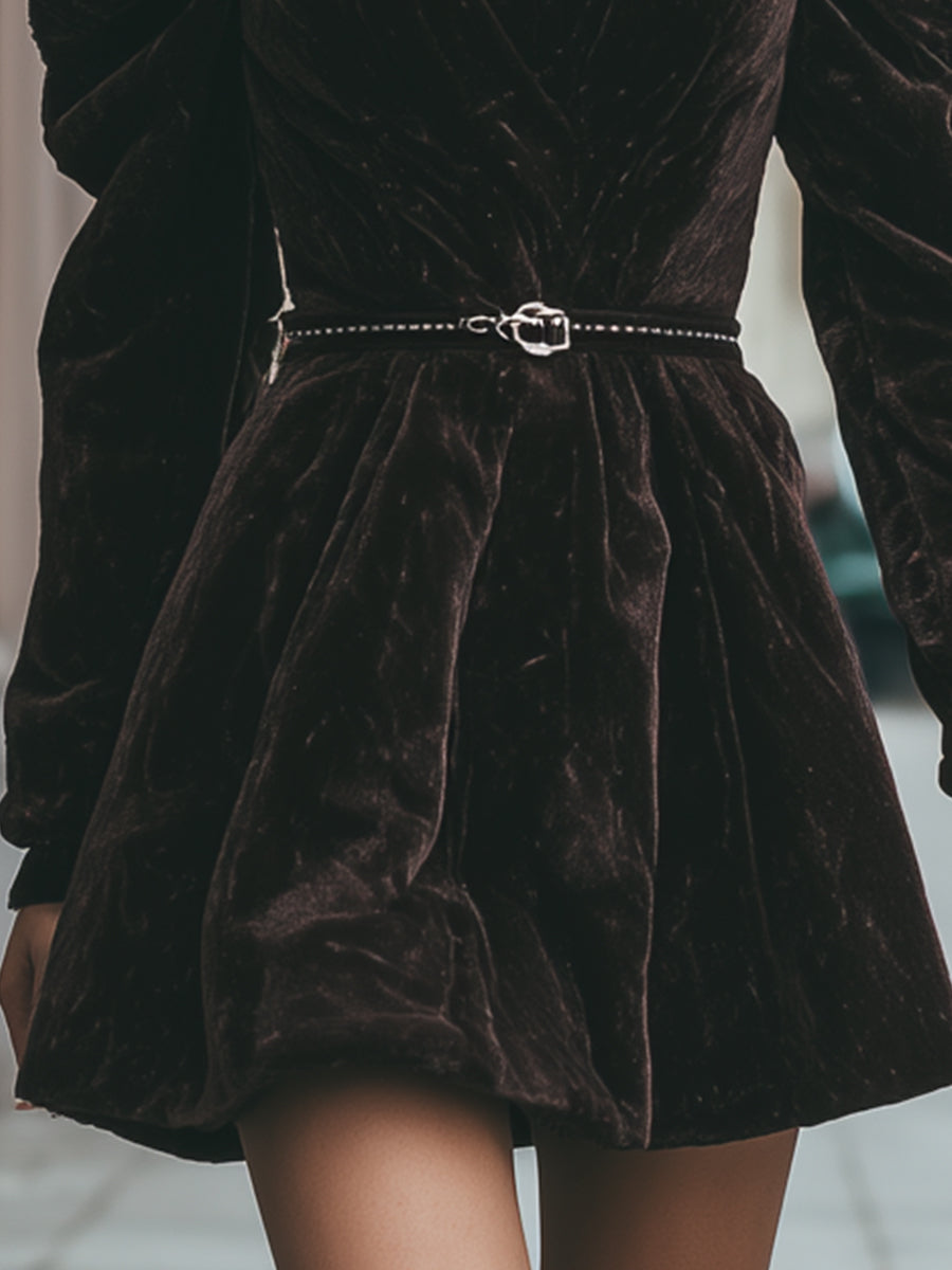 Chocolate Velvet Puff-Sleeve Mini Dress