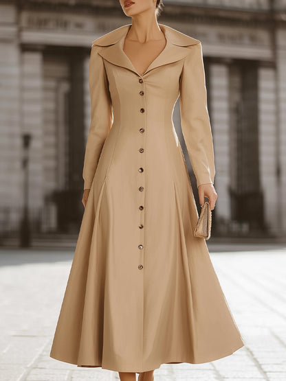 Vintage-Inspired A-Line Button-Down Midi Dress