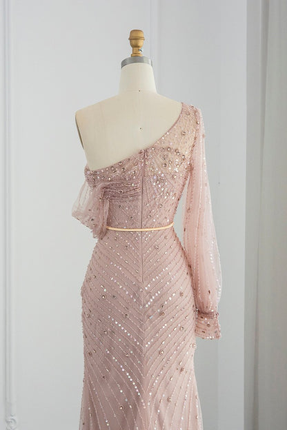 Pink Mermaid One Shoulder Evening Dress Side Split With Appliques Sequins