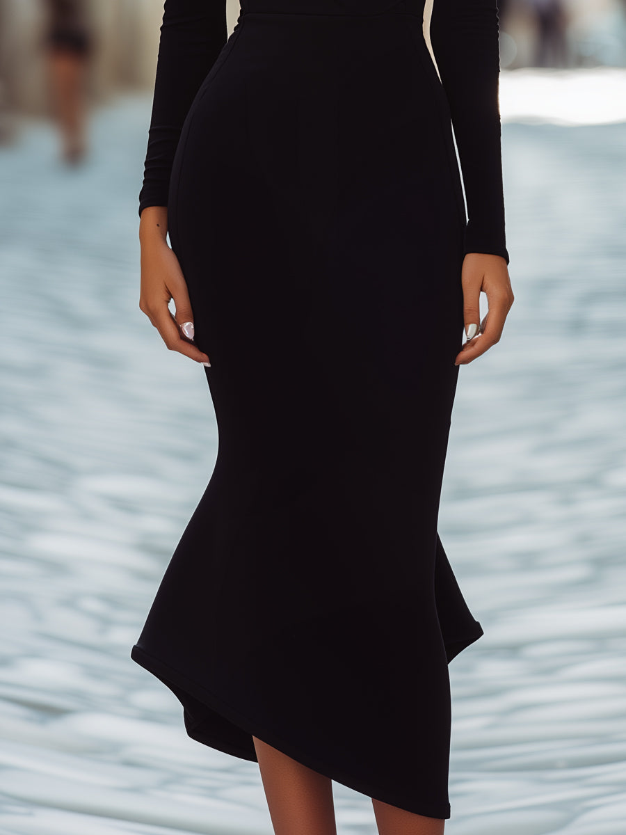 Classic Two-Tone Draped Turtleneck Midi Dress