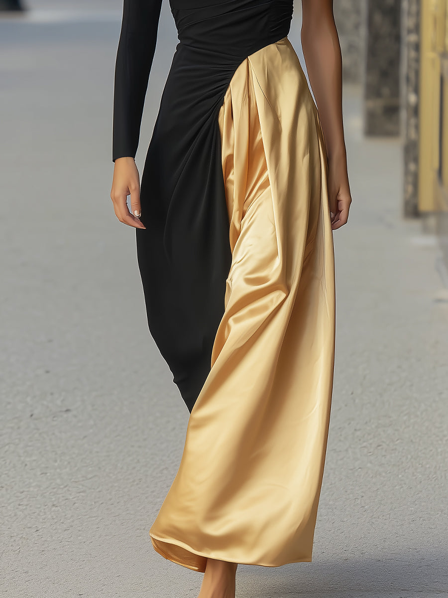 Black And Gold One-Shoulder Draped Evening Gown