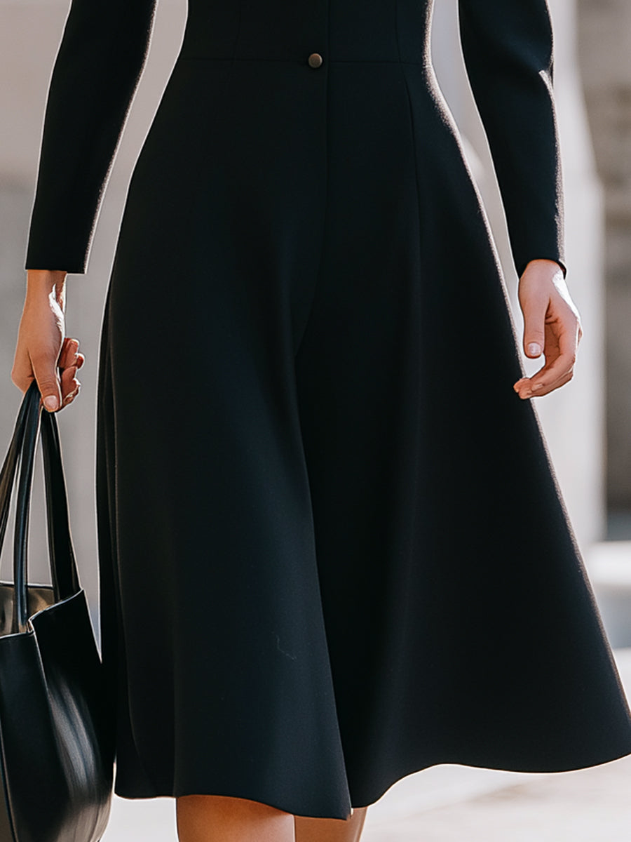 Black Vintage-Inspired Peter Pan Collar Midi Dress