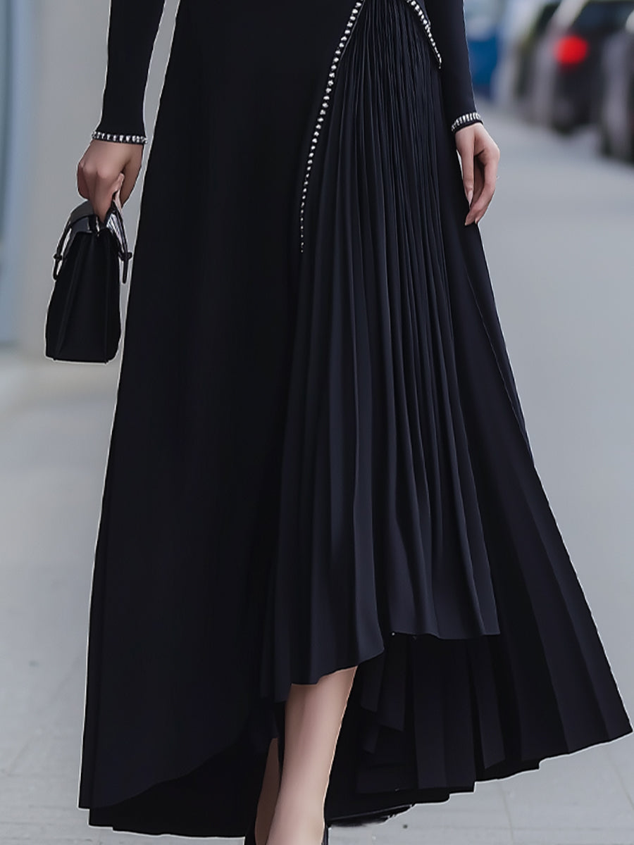 Black High-Neck Long Sleeve Dress With Pleated Asymmetrical Skirt